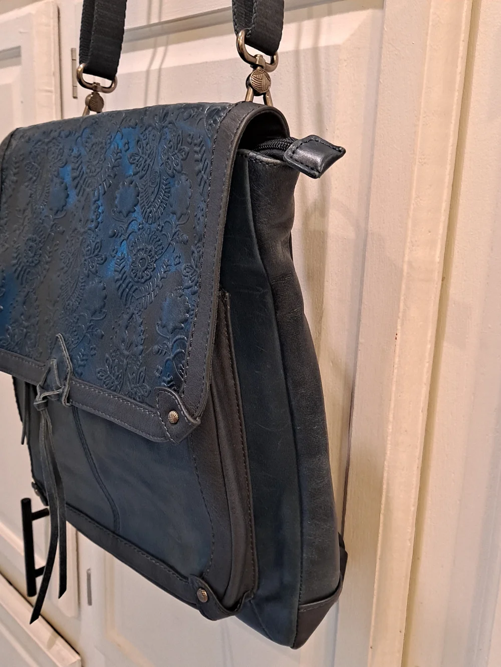 The Sak Ventura II Convertible Backpack Indigo Blue Leather Floral Embossed Bag